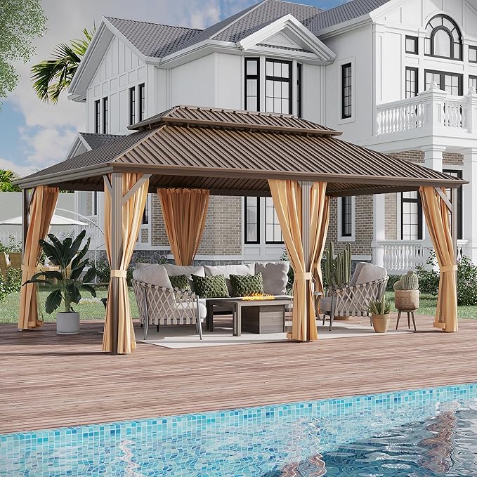 12'x18' Hardtop Gazebo Outdoor Aluminum Patio Gazebo Double Roof Galvanized Steel Canopy with Netting and Curtains for Garden, Backyard,Deck and Lawns