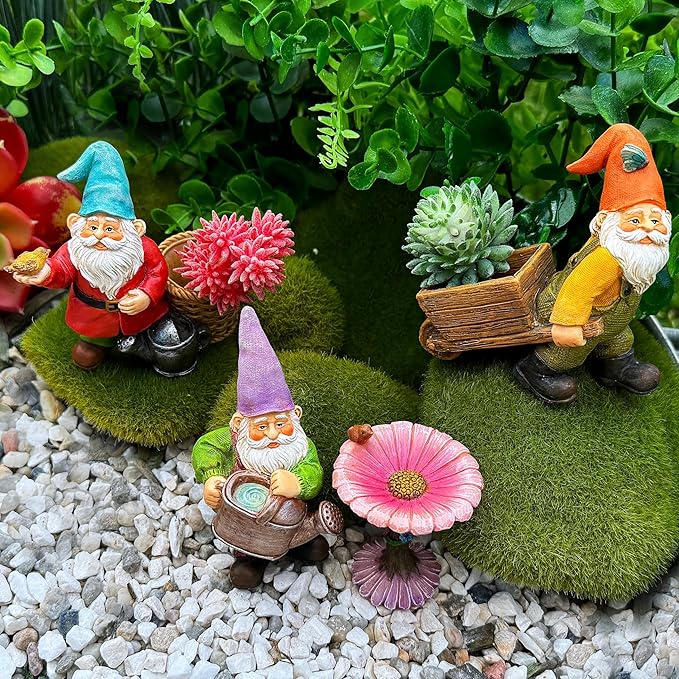 Mood Lab Miniature Gardening Gnomes Set of 4 pcs - 3,5" H Garden Gnome Figurines & Accessories Kit - Outdoor or House Decor