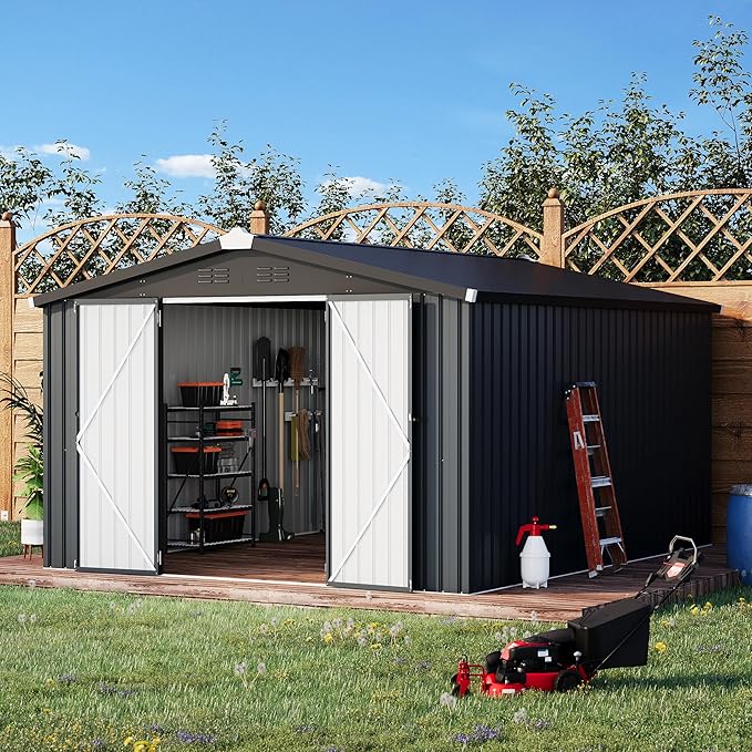 U-MAX 10x14 Outdoor Storage Shed, Large Metal Outside Garden Sheds & Outdoor Storage Clearance, Tool Shed Lockable for Backyard, Patio and Outside Use in Dark Grey