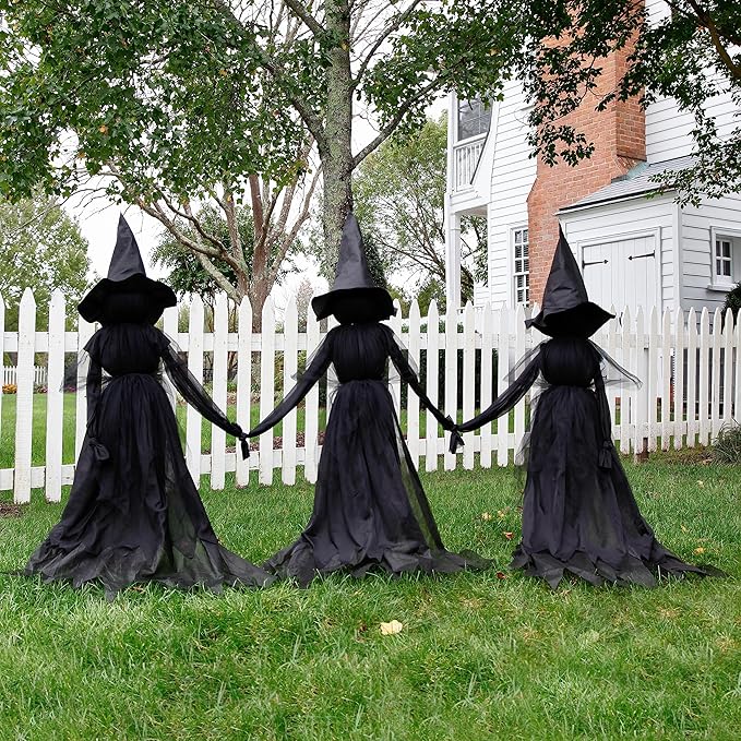 Evergreen Set of 3 LED Black Halloween Witches with Hats Stakes | 4 Feet Tall | Weatherproof Battery Operated | Spooky Garden Statue Outdoor Decoration Grass Lawn or Patio