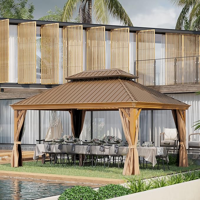 12' X 16' Hardtop Gazebo, Outdoor Aluminum Patio Gazebo Double Roof Galvanized Steel Wooden Finish Coated Canopy with Netting and Curtains for Garden, Patio, Backyard, Deck and Lawns.