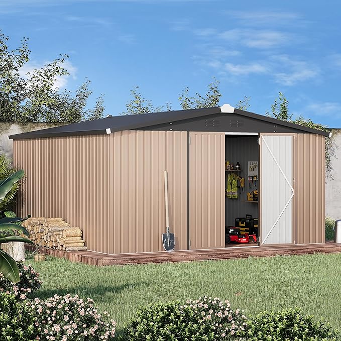 U-MAX 10' x 10' Shed Outdoor Storage Shed Clearance, Metal Garden Large Yard Steel Shed with Design of Lockable Doors, Tool and Utility Storage for Backyard, Garden, Patio, Outside use