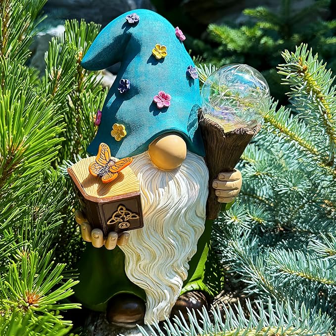 Garden Gnome - Solar Magician Gnome Figurine - 9.45 Inch Tall Decor Outdoor Lawn Statue with LED Lights
