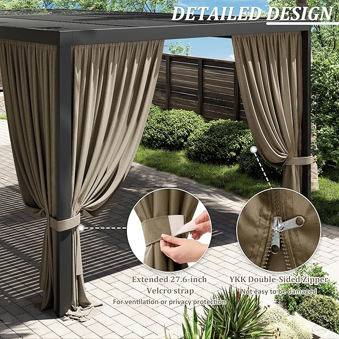 Gazebo Universal Replacement Privacy Curtain,12'×20' Gazebo Outdoor Waterproof Curtains, 4-Panels Sidewall Curtains with Double Zipper for Patio Canopy, Garden and Backyard (Curtain Only)