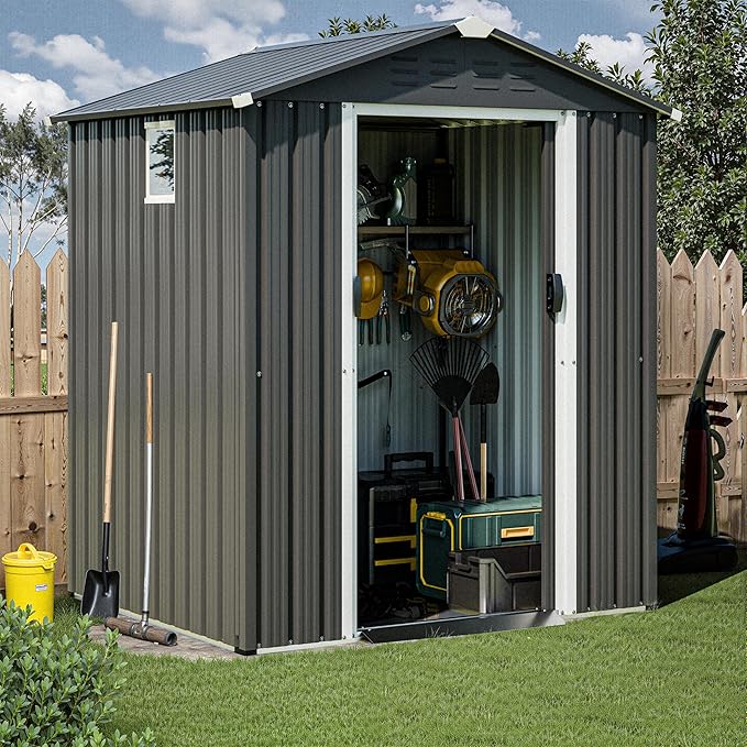 JY QAQA 6x4 FT Outdoor Garden Storage Shed, Waterproof Metal Garden Sheds with Lockable Double Door, Weather Resistant Steel Tool Storage House Shed for Patio, Lawn Gray