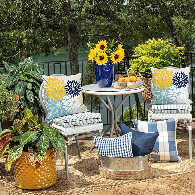 DFXSZ Outdoor Throw Pillow Covers 18x18 Inch Set of 2 Waterproof Spring Summer Geometric Elegant Yellow Blue Outdoor Pillow Covers for Patio Funiture Garden Couch 158W18