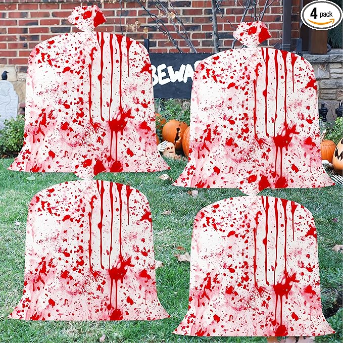 CNhoqc Halloween Lawn Leaf Bags - 4Pcs Halloween Party Bloody Large Trash Garbage Liners Refuse Strong Lawn Yard Waste Trash Bags Ply Heavy Duty Twist Ties Tear Resistant Self Standing Garden Outdoor