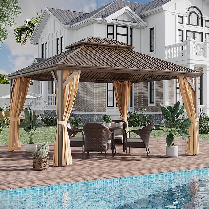 12x14 ft Hardtop Gazebo Outdoor Aluminum Patio Gazebo Double Roof Galvanized Steel Canopy with Netting and Curtains for Garden, Backyard,Deck and Lawns