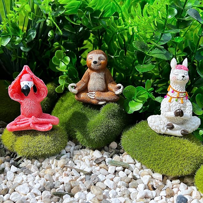 Mood Lab Miniature Yoga Figurines Set - Funny Mini Statue Kit of 3 pcs - Flamingo, Lama & Sloth in Meditation Pose - Fairy Garden Decor