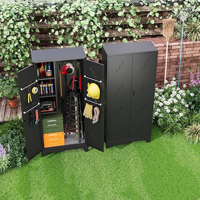 Storage Cabinet 1.4×2.8 FT, Metal Outdoor Sheds for Garden Tool Organization, Heavy Duty Storage Sheds with Lockable Doors and Vents for Backyard, Garden, Patio Lawn
