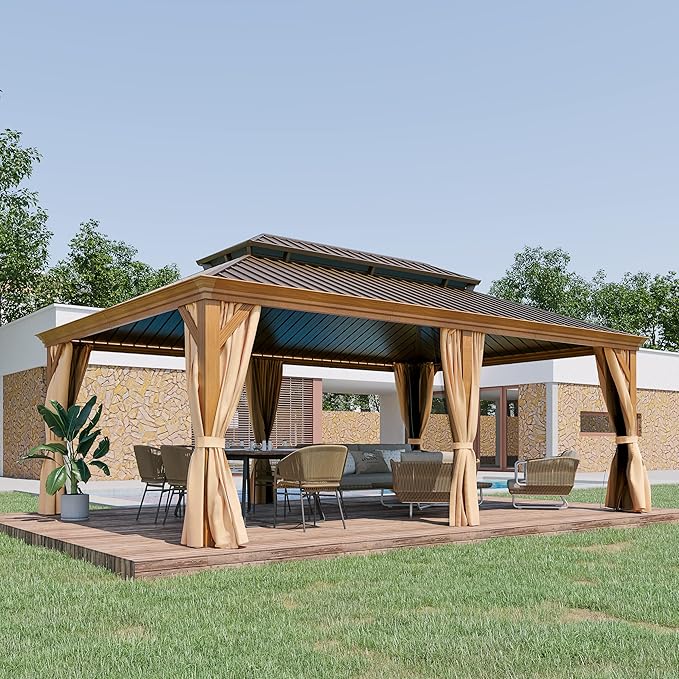 14' X 20' Hardtop Gazebo, Aluminum Wood-Looking Frame Outdoor Permanent Galvanized Steel Double Roof Pavilion Pergola Canopy with Privacy Curtains for Garden, Patio, Backyard, Deck and Lawns.