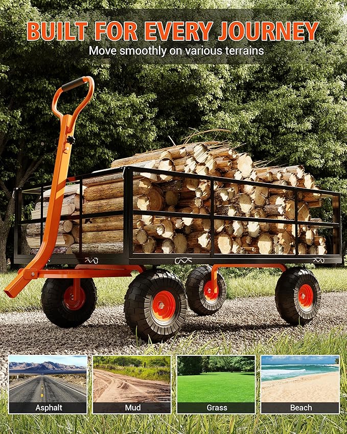 Versatile Garden Cart for Lawn and Yard with Heavy Duty Steel, 1200 Lbs Capacity Mesh Steel Garden Cart Folding Utility Wagon with Removable Side Panels, Long Handle, 10" Tires - Black and Orange