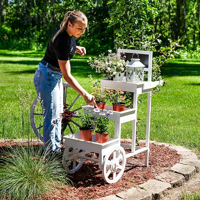 Sunnydaze 3-Tiered Flower Cart Display Stand with Wheels - Flower Display Stand or Planter - Wooden Cart with Chalkboard - White
