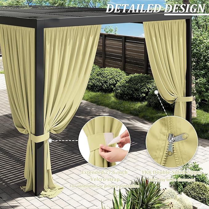 Gazebo Universal Replacement Privacy Curtain,12'×20' Gazebo Outdoor Waterproof Curtains, 4-Panels Sidewall Curtains with Double Zipper for Patio Canopy, Garden and Backyard (Curtain Only)