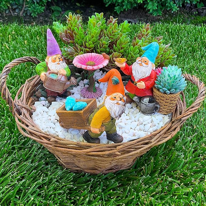 Mood Lab Miniature Gardening Gnomes Set of 4 pcs - 3,5" H Garden Gnome Figurines & Accessories Kit - Outdoor or House Decor