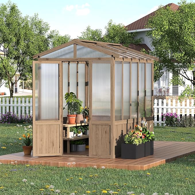 6x8FT Wooden Greenhouse with Cedar Frame, Outdoor Wood Greenhouses with Roof Vent, Wood and Polycarbonate Walk-in Greenhouse