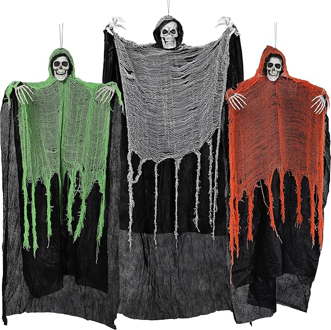 JOYIN 3 Pcs Halloween Hanging Grim Reapers, one 63” Two 47” Grim Reapers, Halloween Skeleton Outdoor Decoration Flying Ghost for Haunted Haunted House Prop, Party Supplies Decor
