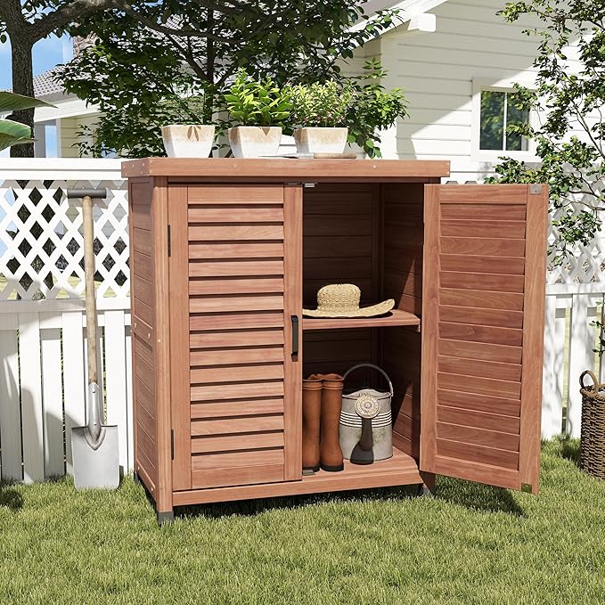 Elegant Brown Solid Wood Potting Bench with Storage Cabinet & Durable Metal Table Top for Outdoor Patio, Perfect Garden Furniture Workstation 31.5x17x36