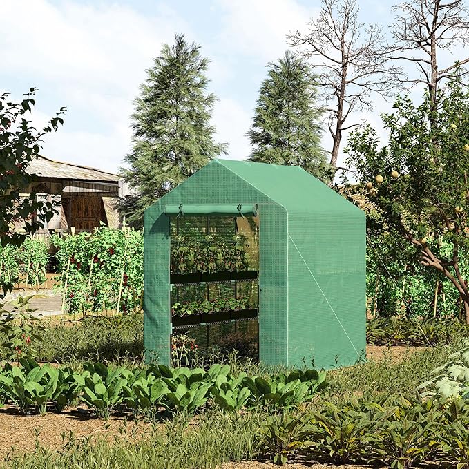 Outsunny 7' x 5' x 6' Walk-in Greenhouse for Outdoors with Mesh Door, 18 Shelf Hot House with Trellis, Plant Labels, UV Protective for Growing Flowers, Herbs, Vegetables, Saplings, Green