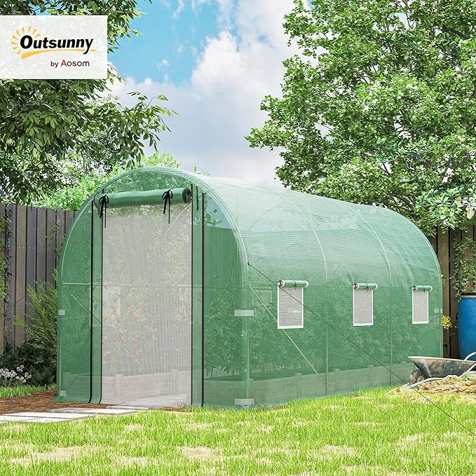 Outsunny 14.6'x6.5'x6.6' Hoop House Greenhouse with 2 Support Rods, Zippered Roll-up Mesh Door, Mesh Windows, Walk-in Tunnel Greenhouse with PE Cover, Galvanized Steel Frame, Outdoor Garden, Green