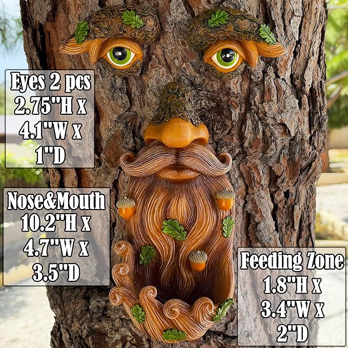 Mood Lab Tree Face Decor - Outdoor Bird Feeder with Acorns - Old Man Tree Face Garden Hugger Decoration