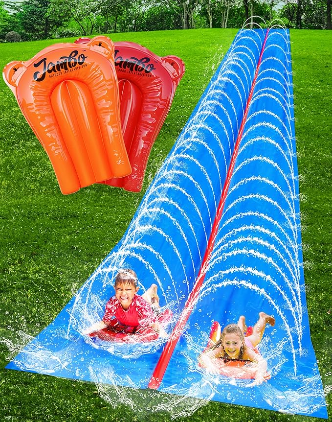 JAMBO 50Ft MEGA XXL Water Slide and 2 Bodyboards, Heavy Duty Slip and Splash with Inflatable Crash Pad, Long Summer Water Toy Sprinkler, Backyard Outdoor Fun n Toys for Kids