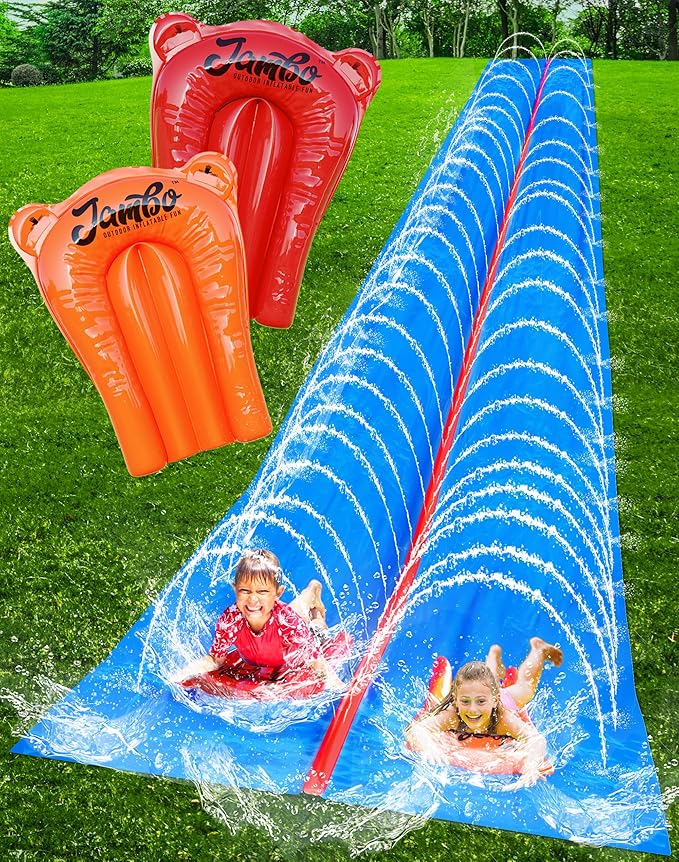 JAMBO 40FT Mega Slip Splash and Slide with 2 Bodyboards | Water Slide Waterslide Backyard Outdoor Water Toys for Kids with Sprinklers | Outdoor Splash Mat Splash Pad, Double Lane Summer Toy