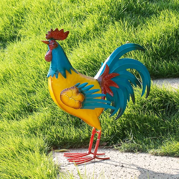 Natelf Rooster Garden Statues Outdoor Decor Metal Chicken Sculpture, Yard Art for Patio, Porch, Backyard-Rustic Farmhouse Decoration Unique Gifts for Mom, Grandma, Garden Lovers
