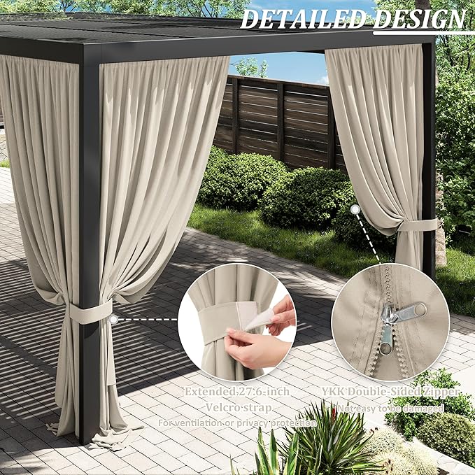 Gazebo Universal Replacement Privacy Curtain,12'×20' Gazebo Outdoor Waterproof Curtains, 4-Panels Sidewall Curtains with Double Zipper for Patio Canopy, Garden and Backyard (Curtain Only)