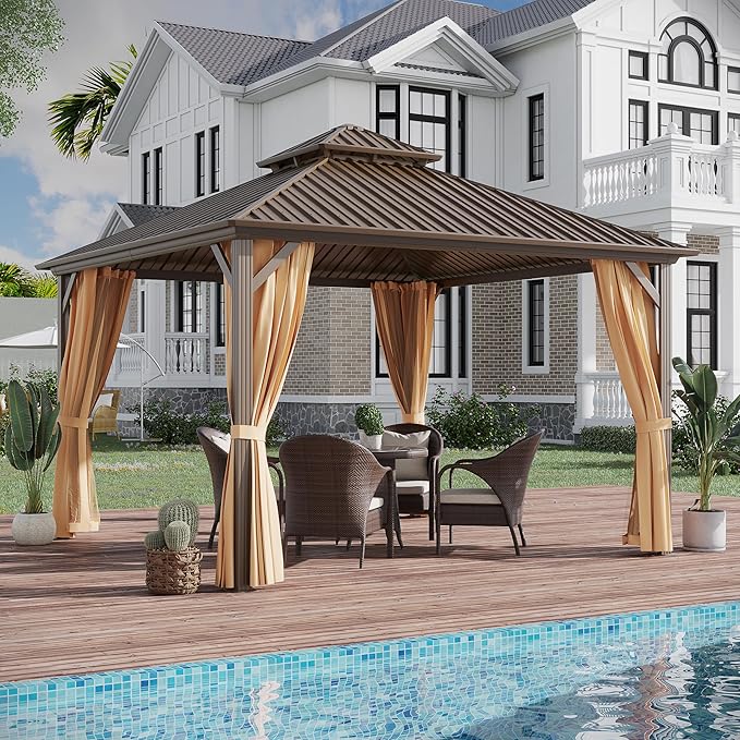 12x12 ft Hardtop Gazebo Outdoor Aluminum Patio Gazebo Double Roof Galvanized Steel Canopy with Netting and Curtains for Garden, Backyard,Deck and Lawns