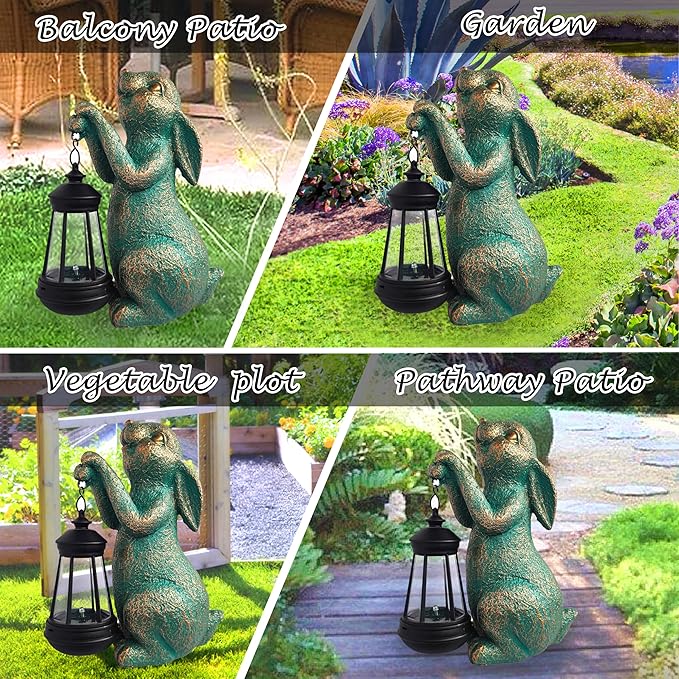Rabbit Garden Statue Outdoor Décor with Solar Lights Lantern,Rabbit Solar Light Figurines Outside Decorations for Yard，Lawn, Patio, Balcony, Unique Housewarming Gifts