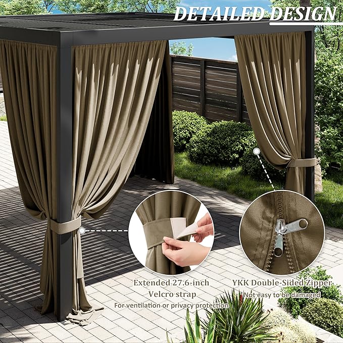 Gazebo Universal Replacement Privacy Curtain,12'×12' Gazebo Outdoor Waterproof Curtains, 4-Panels Sidewall Curtains with Double Zipper for Patio Canopy, Garden and Backyard (Curtain Only)
