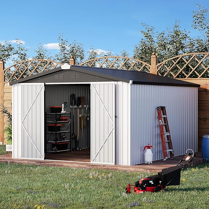 U-MAX 10x14 Shed, 14x10 Metal Outdoor Storage Shed, Large Outside Storage Garden Sheds & Outdoor Storage Clearance, Tool Shed Lockable for Backyard, Patio and Outside Use in White