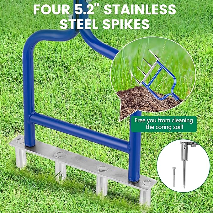 Spike Tine Fork Lawn Aerator - Four 5.2'' Stainless Steel Spikes Manual Gardening Hand Tool - Grass Dethatcher Aerator Lawn Tool with Solid Tines for Compacted Soil - Lawn Plugger Aerator